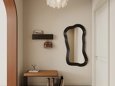 Stylish Entryway Hallway With Black Wavy Mirror Console Table And Pendant Light 3d model