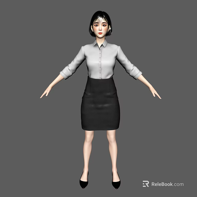 Woman in White Shirt and Black Skirt with Arms Outstretched Standing Pose 3d model 