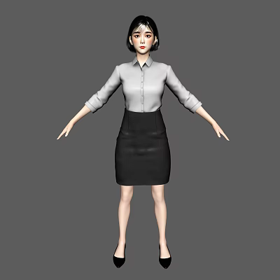Woman in White Shirt and Black Skirt with Arms Outstretched Standing Pose 3d model