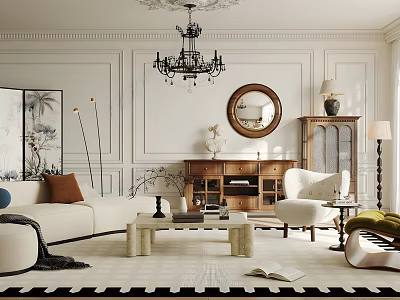 Elegant Modern Living Room Interior With Chandelier Round Mirror Sofa Coffee Table And Rug 3d model