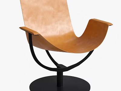 Modern Brown Leather Leisure Chair with Curved Backrest Armrests and Black Metal Swivel Base 3d model