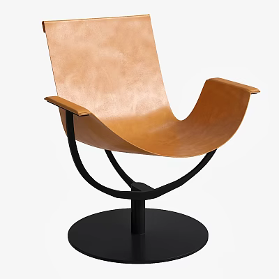 Modern Brown Leather Leisure Chair with Curved Backrest Armrests and Black Metal Swivel Base 3d model