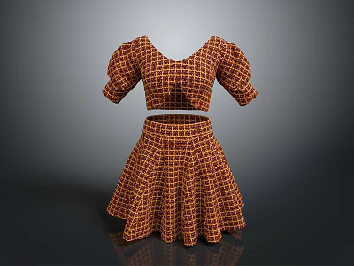 Stylish Two Piece Checkered Outfit With V Neck Puffed Sleeves And Flared Skirt 3d model