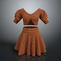 Stylish Two Piece Checkered Outfit With V Neck Puffed Sleeves And Flared Skirt