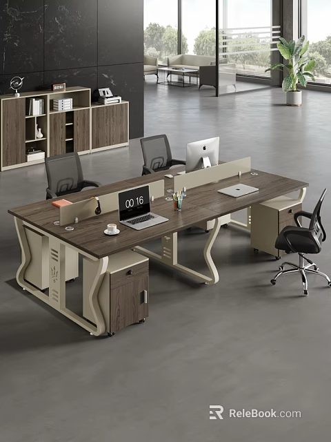 Modern Office Interior With Wooden Desk Computers And Ergonomic Office Chairs 3d model 