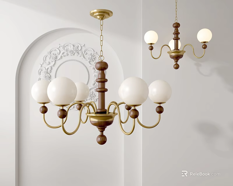 Elegant Chandelier Design With Wooden Structure And Spherical White Light Bulbs 3d model 