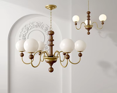Elegant Chandelier Design With Wooden Structure And Spherical White Light Bulbs 3d model