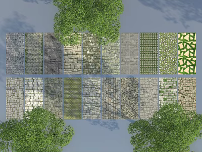 Garden Ornamental Paving With Various Stone Textures And Green Trees Around 3d model