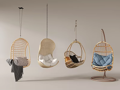 Modern Wicker Hanging Chairs with Various Designs Soft Cushions and Cozy Blankets 3d model
