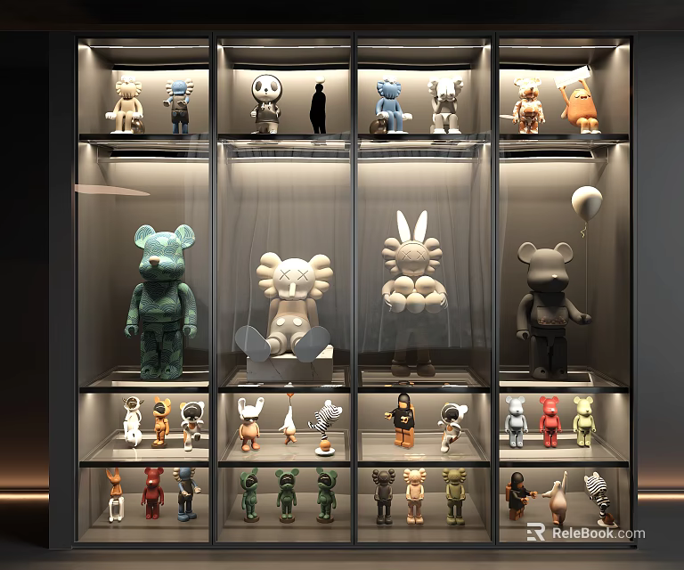 Illuminated Display Cabinet With Glass Doors And Various Collectible Figures For Home Decoration 3d model 