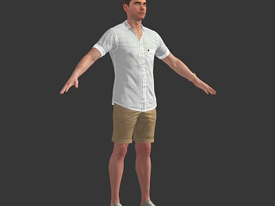 A Man Wearing White Short Sleeved Shirt Khaki Shorts Arms Outstretched Against Grey Background 3d model