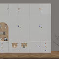 White Wardrobe with Round Door Design Colorful Handles Open Shelf Books and Drawers