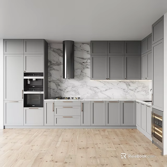 Modern Kitchen Interior With Gray Cabinets Marble Countertop Backsplash And Appliances 3d model 