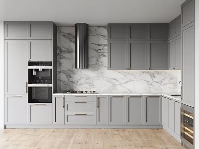 Modern Kitchen Interior With Gray Cabinets Marble Countertop Backsplash And Appliances 3d model