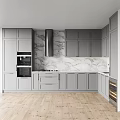 Modern Kitchen Interior With Gray Cabinets Marble Countertop Backsplash And Appliances