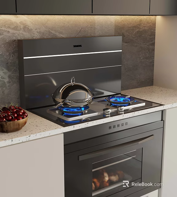 Modern Kitchen Stove Area With Gas Burners Range Hood Covered Pot And Cherries 3d model 