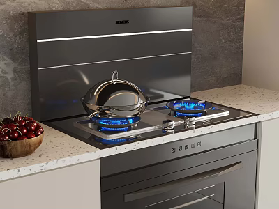 Modern Kitchen Stove Area With Gas Burners Range Hood Covered Pot And Cherries 3d model