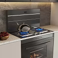 Modern Kitchen Stove Area With Gas Burners Range Hood Covered Pot And Cherries