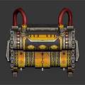 Golden Slot Machine With Skull Decorations And Mechanical Red Accents