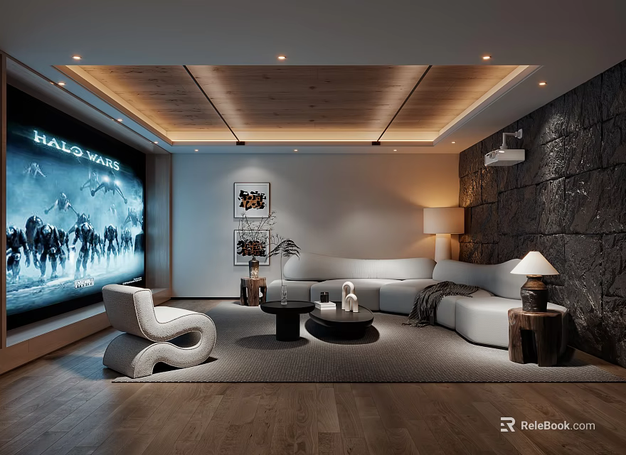 Modern Home Theater Interior With Large Screen Cozy Sofas And Decor 3d model
