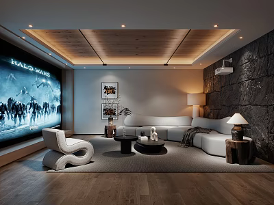 Modern Home Theater Interior With Large Screen Cozy Sofas And Decor 3d model