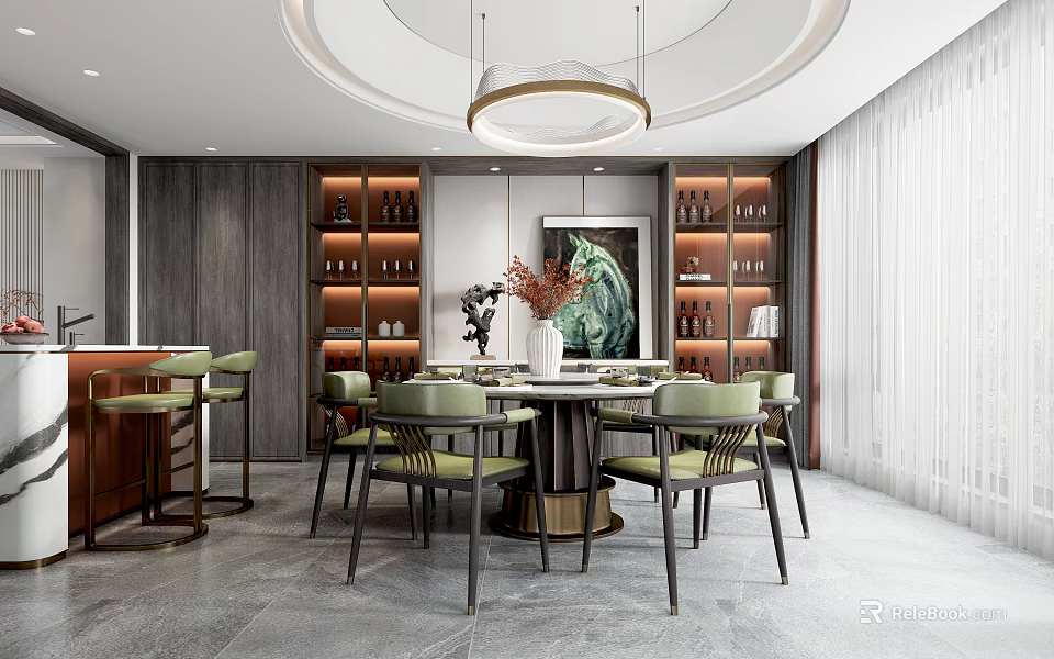 Elegant Modern Restaurant Interior With Round Dining Table Green Chairs Wine Racks And Chandelier 3d model 