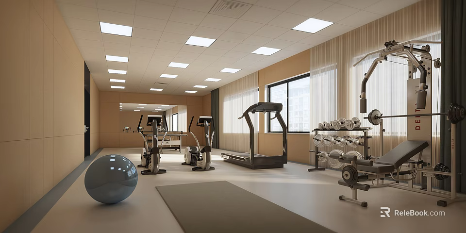Bright Modern Gym Interior With Treadmill Exercise Bike Dumbbells Fitness Ball Yoga Mat And Windows 3d model 