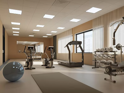 Bright Modern Gym Interior With Treadmill Exercise Bike Dumbbells Fitness Ball Yoga Mat And Windows 3d model