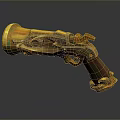 Golden Ornate Pistol With Intricate Carved Details And Brown Wooden Handgrip