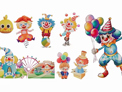 Colorful Clown Themed Hanging Decorations With Balloons Carousel And Small House Figures 3d model