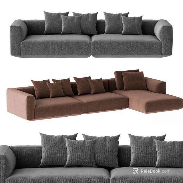 Gray and Brown Sectional Sofa Set with Multiple Cushions for Living Room 3d model