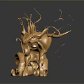 Golden Game And Movie Character Sculptural Design With Mythical Fluid Dynamic Structure