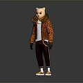 Cat Face Character Wearing Leopard Print Jacket White T-shirt And Dark Pants