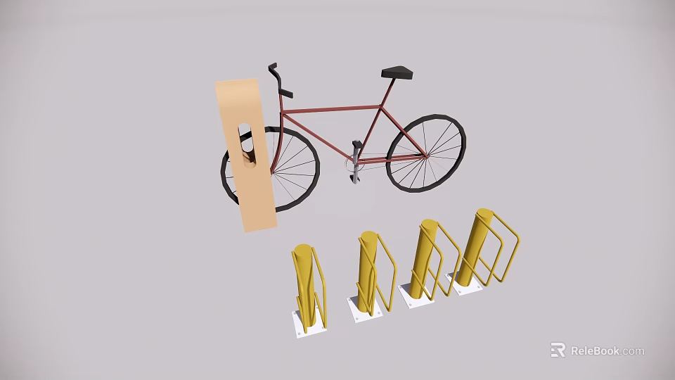 Bicycle Parked With Yellow Bike Racks And Wooden Information Board 3d model 