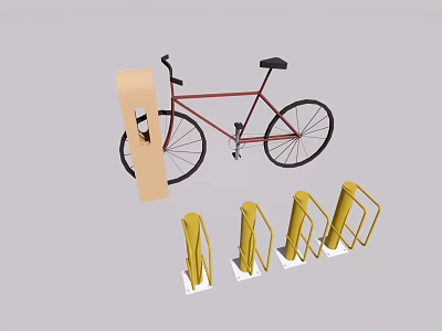 Bicycle Parked With Yellow Bike Racks And Wooden Information Board 3d model