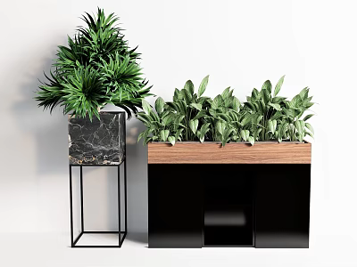 Green Leafy Bonsai Potted Plants In Marble And Wooden Planters With Metal Stand 3d model