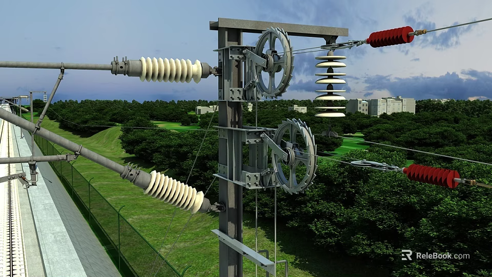 Electrical Power Transmission Utility Pole With Insulators Pulleys Green Landscape And Near Buildings 3d model 