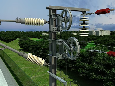 Electrical Power Transmission Utility Pole With Insulators Pulleys Green Landscape And Near Buildings 3d model