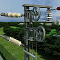 Electrical Power Transmission Utility Pole With Insulators Pulleys Green Landscape And Near Buildings