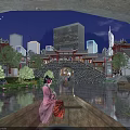 Ancient Chinese Architecture at Night With Modern City Backdrop Bridge Water Reflections Traditional Costume Illumination