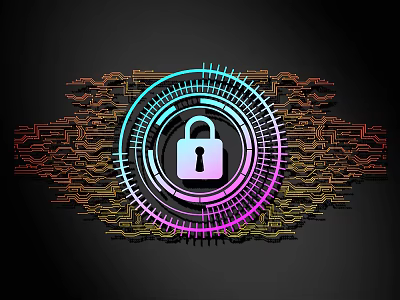 Colorful Lines Forming Circular Lock Pattern On Circuit Board Background 3d model