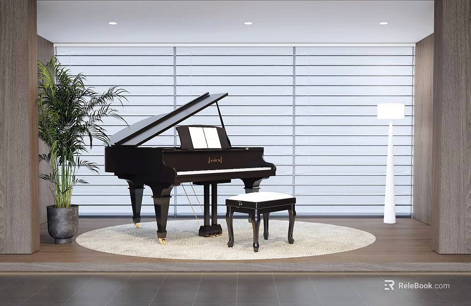 Elegant Black Grand Piano Interior With Bench Round Rug Floor Lamp And Green Plant 3d model 