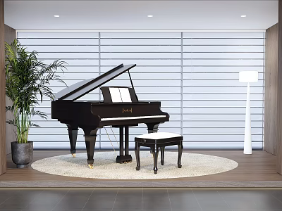 Elegant Black Grand Piano Interior With Bench Round Rug Floor Lamp And Green Plant 3d model
