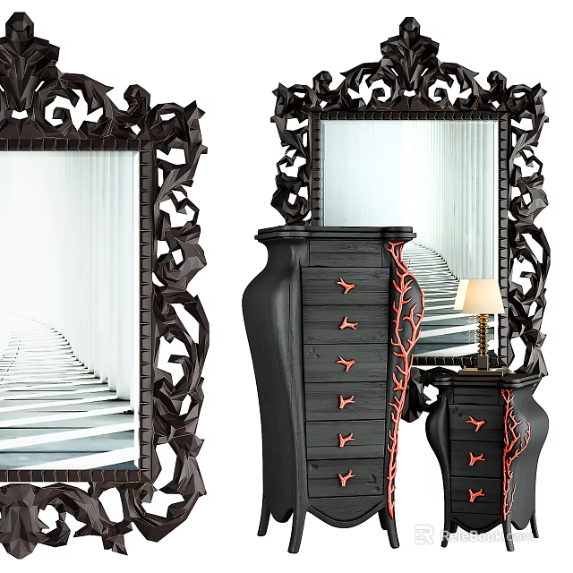 Vintage Black Carved Chest of Drawers with Red Accents and Ornate Mirror 3d model 