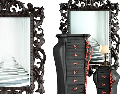 Vintage Black Carved Chest of Drawers with Red Accents and Ornate Mirror 3d model