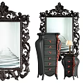 Vintage Black Carved Chest of Drawers with Red Accents and Ornate Mirror