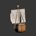 Vintage Wooden Sailing Ship Model Featuring White Sails Red Flags And Detailed Structure