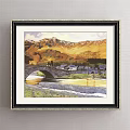 Black Framed Landscape Painting Featuring Golden Wheat Field With Green Trees And Blue Sky Background