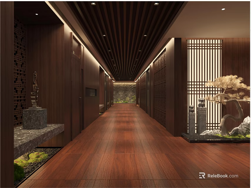 Elegant Office Corridor With Wooden Paneling Recessed Lighting Screen Partitions And Decorative Stone Accents 3d model 