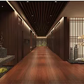 Elegant Office Corridor With Wooden Paneling Recessed Lighting Screen Partitions And Decorative Stone Accents